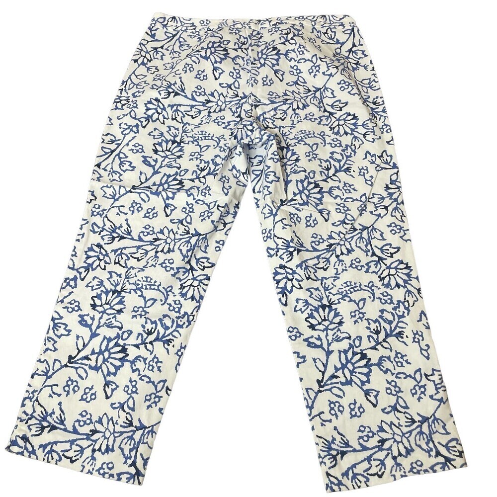 J. Jill Essential Cotton-stretch pants white with blue floral women’s SZ 8 crop - Picture 3 of 9
